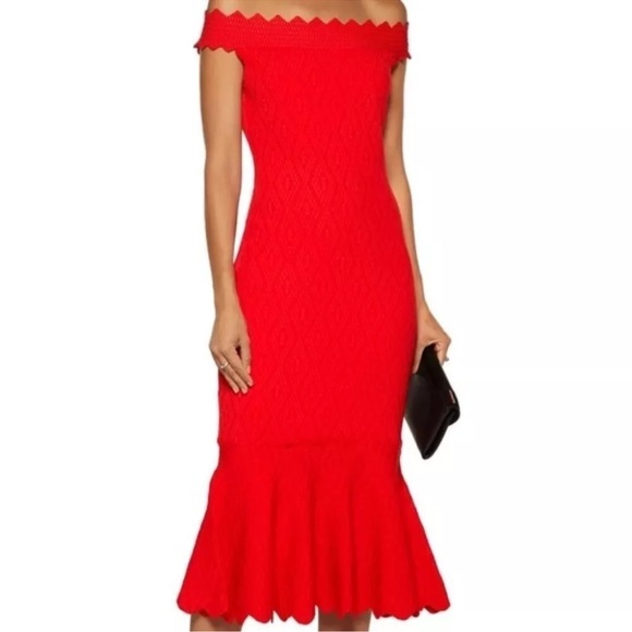 Jonathan Simkhai Red  Knit Off The Shoulder Diamond Print Jacquard Mermaid Dress - Picture 3 of 8